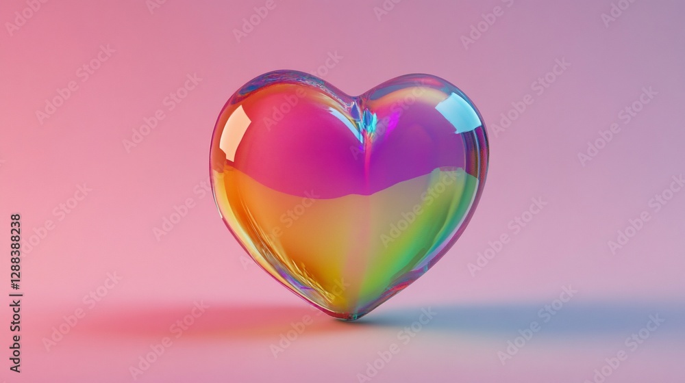 Poster a heart-shaped iridescent object with vibrant colors on a gradient background