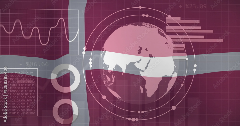 Poster image of financial data processing with globe over flag of denmark