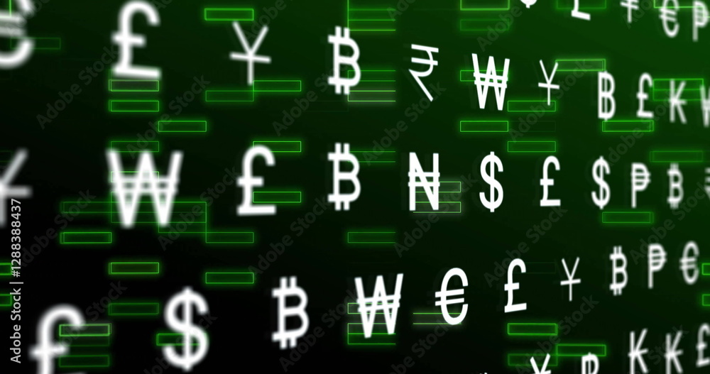 Poster image of financial data processing and currency symbols on black background