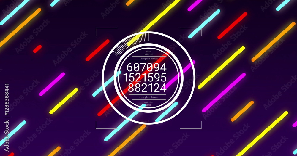 Poster image of digital data processing over neon pattern on blue background