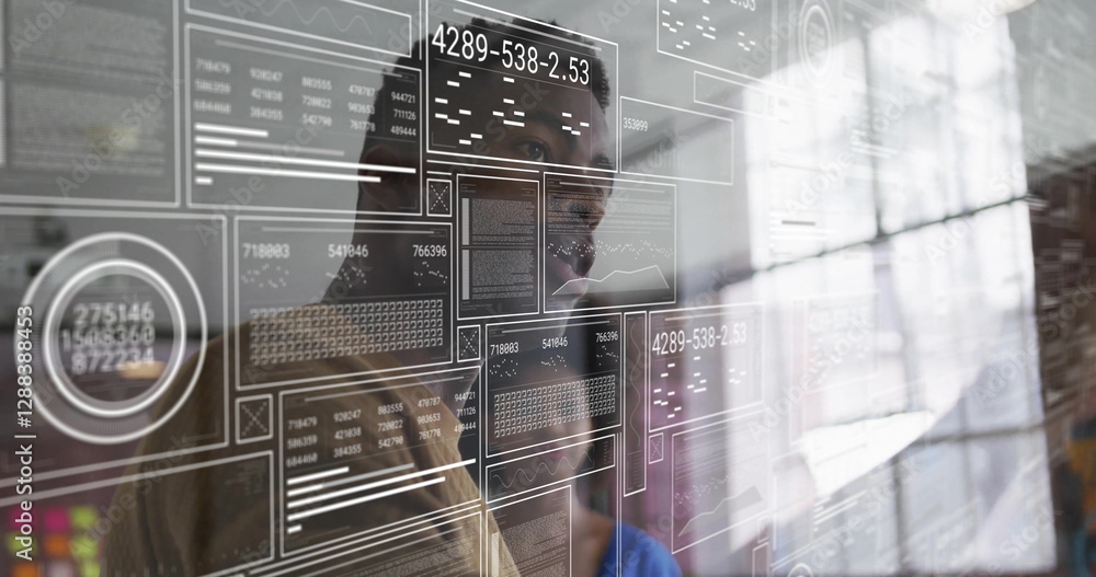 Aufkleber image of data processing over diverse colleagues discussing work