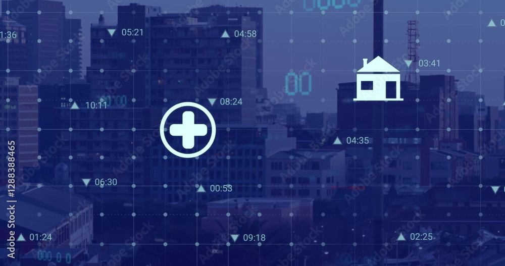 Poster image of data processing with icons over cityscape