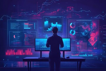 Data Analyst Working with Multiple Screens Displaying Complex Data Visualizations