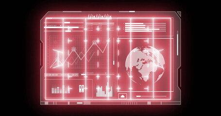 Image of digital data processing and globe over rugby pitch background