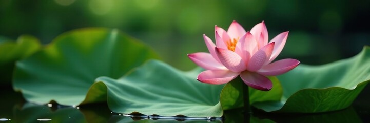Fototapeta premium Lotus flower growing out of murky swamp water with a large green leaf on top, flowers, peacefulness, plant
