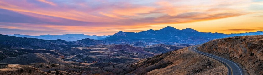 Fototapeta premium Scenic Mountain Road at Sunrise Panoramic View of Rocky Mountains