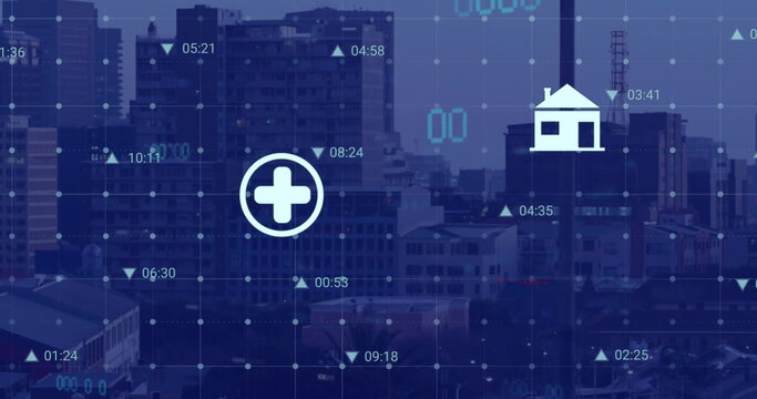 Image of data processing with icons over cityscape