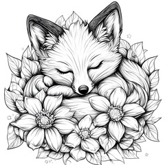 Obraz premium Intricate fox and flowers tattoo design featuring beautiful elements of nature and wildlife
