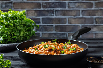 vegan whole grain pasta alla puttanesca, close-up