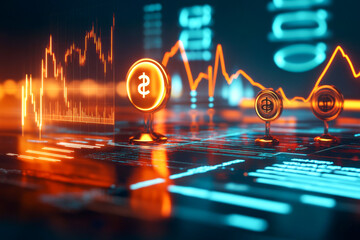 Glowing currency symbols are displayed alongside digital graphs showcasing market trends and analytics in a futuristic financial technology setting. Generative AI
