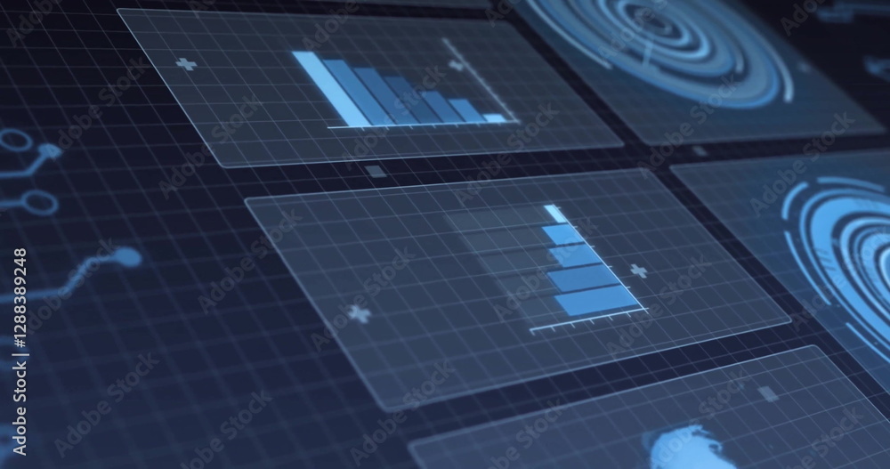 Poster image of digital data processing and scope scanning on screens over black background