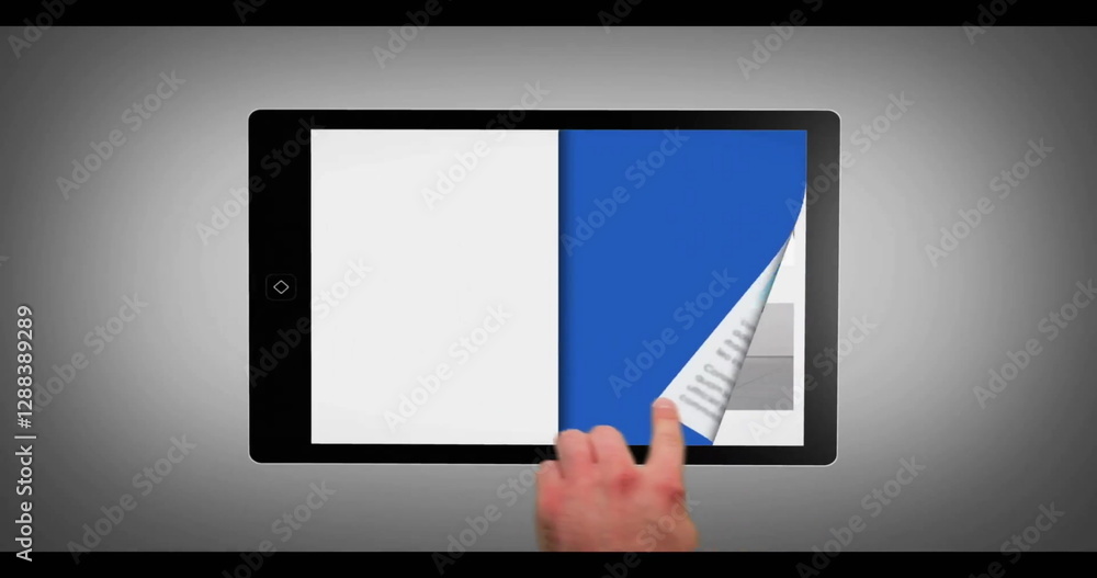 Poster image of hand using tablet with shapes and diagrams