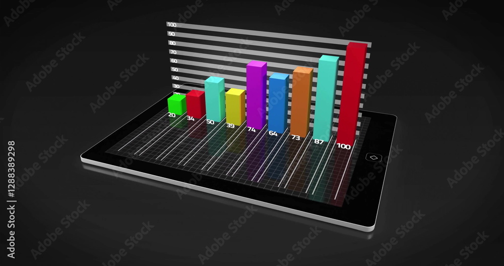 Poster image of colourful diagrams and data processing on tablet screen