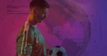 Image of processing data and globe over caucasian male footballer playing with ball on purple