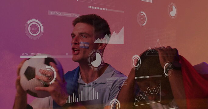 Image of charts processing data over diverse male football fans with french flags on faces