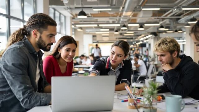 Young professionals or students collaborating in a bright, contemporary co-working environment, displaying teamwork and productivity