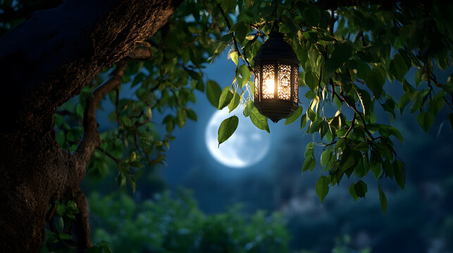 Ramadan Kareem greeting. Islamic crescent moon and lantern. End of fasting. ramadan decorations, Eid al-Fitr. Breaking of holy fast day. Muslim holiday. Arab night sky.