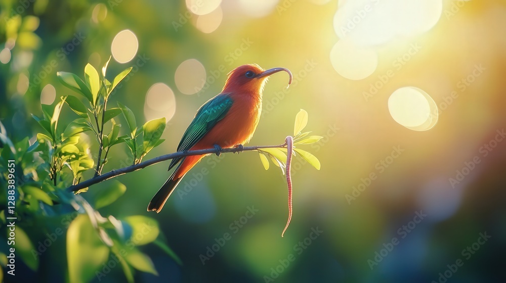 Poster a branch with a worm in its beak, the surrounding soft-focus leaves and light creating a perfect 4k 