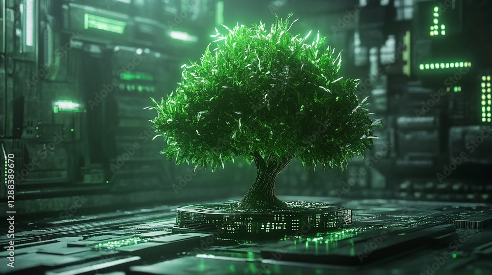 Poster futuristic tree growth on circuit board platform in tech environment setting