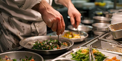 Culinary Creation: A skilled chef meticulously plates a vibrant dish, showcasing culinary expertise in a professional kitchen, embodying the art of gastronomy and dedication to quality.