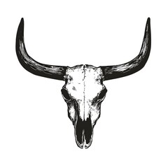 Black and white artistic representation of a bull skull with elegant, long horns on smooth canvas