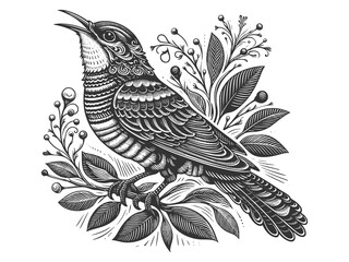 cuckoo Bird Perched on Branch raster illustration