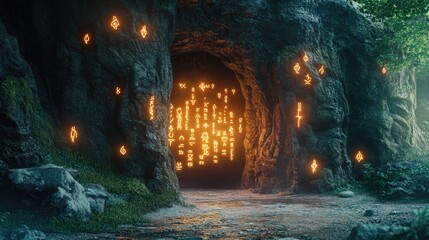 Underground cave illuminated by glowing runes carved into walls and floor, leading to radiant, magical doorway. The setting is mysterious, with warm, ethereal lighting ancient symbols. Generative AI