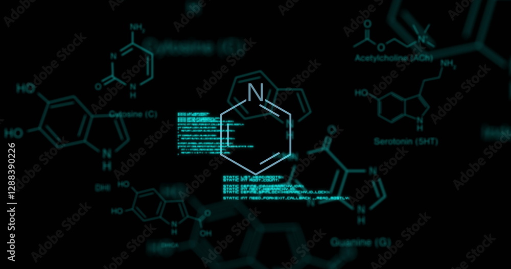 Poster image of data processing over element diagrams on black background