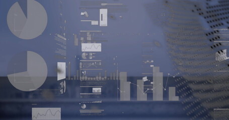 Image of data processing and globe over cityscape