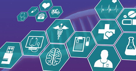 Image of network of medical icons over dna strand on blue background
