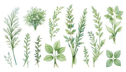Obraz premium Assorted Green Herbs and Leaves Watercolor Illustration on White Background