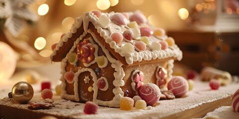Gingerbread House Delight: A charming gingerbread house, adorned with colorful candies and intricate icing details, sits invitingly amid a soft, blurred backdrop, evoking warmth and holiday cheer.