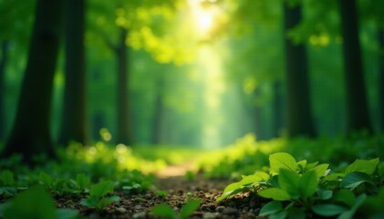 Obraz premium Deep green forest blur, bokeh lights dappled sunlight, contrast, natural, wallpaper