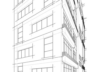 Fototapeta premium Modern Architectural Wireframe Sketch – Vector Blueprint of Contemporary Building
