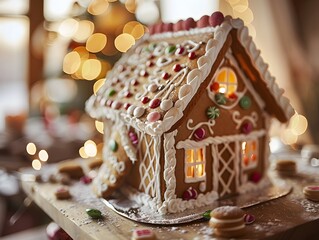 Gingerbread Dreams: A charming gingerbread house, meticulously decorated with candy and icing, gleams in the soft light of a nearby Christmas tree, evoking warmth and festive cheer.