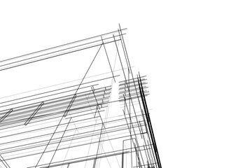 Obraz premium Modern Architectural Wireframe Sketch – Vector Blueprint of Contemporary Building