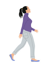 Young woman walking side view. Pretty girl in smart casual spring, summer street style outfit. Vector realistic illustration isolated