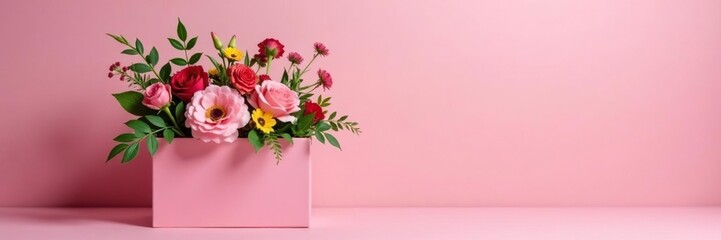 Pink gift box filled with mixed flowers and foliage,, garden plants, greenery