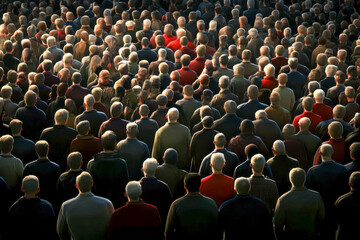 Obraz premium A dense crowd of men stands closely together at an outdoor gathering, with a mix of clothing colors seen among them, highlighted by the fading light of dusk. Generative AI