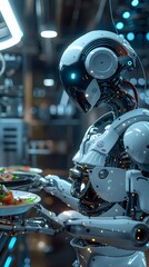 Fototapeta premium Futuristic Server Robot: A detailed shot of a sleek, futuristic robot serving a dish, its metallic body gleaming under the soft glow of the restaurant's lights.