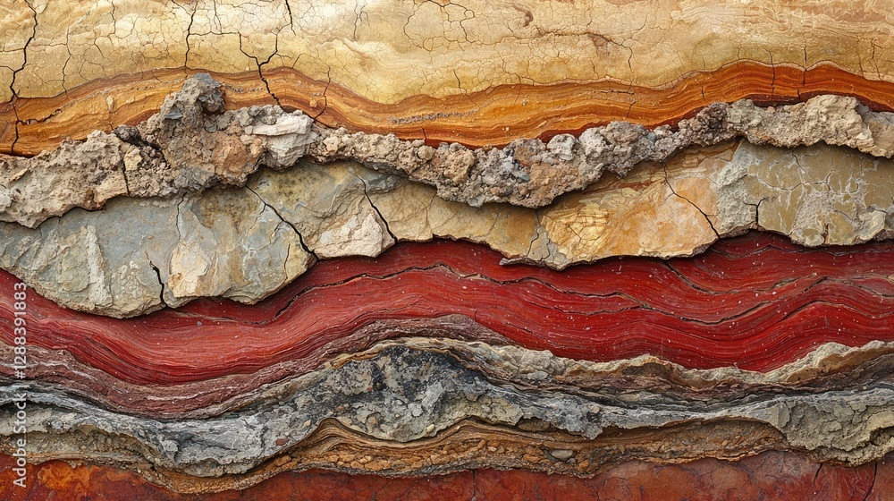 Poster weathering process concept. close-up of layers in geological rock showcasing colors and textures of 