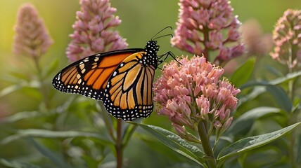 Obraz premium Graceful Monarch Butterfly Feeding on Milkweed Blooms in a Peaceful Meadow