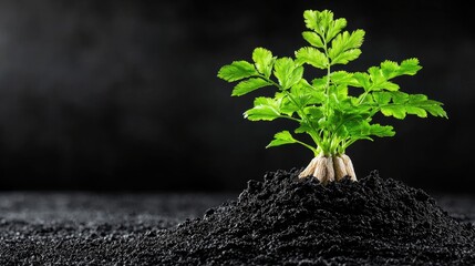 Celery sprout growing in dark soil, against black background.  Use  healthy food, agriculture