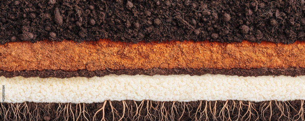 Poster weathering process concept. close-up view of soil layers showcasing various textures and colors bene