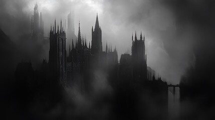 A dark and mysterious cityscape shrouded in fog with gothic architecture details