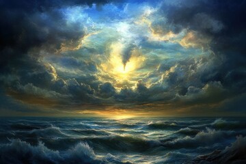 A dramatic tornado is forming over the ocean at sunset with turbulent clouds and rough waves. Generative AI