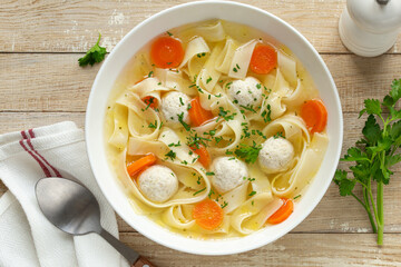 chicken meatball and vegetable noodle soup