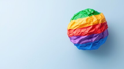 Colorful crumpled paper ball on pastel blue background