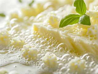 Melted Butter: a macro shot of melted butter with fresh basil, a culinary delight.