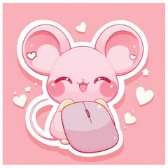 Adorable Pink Mouse Cartoon Holding Computer Mouse Kawaii Style Illustration